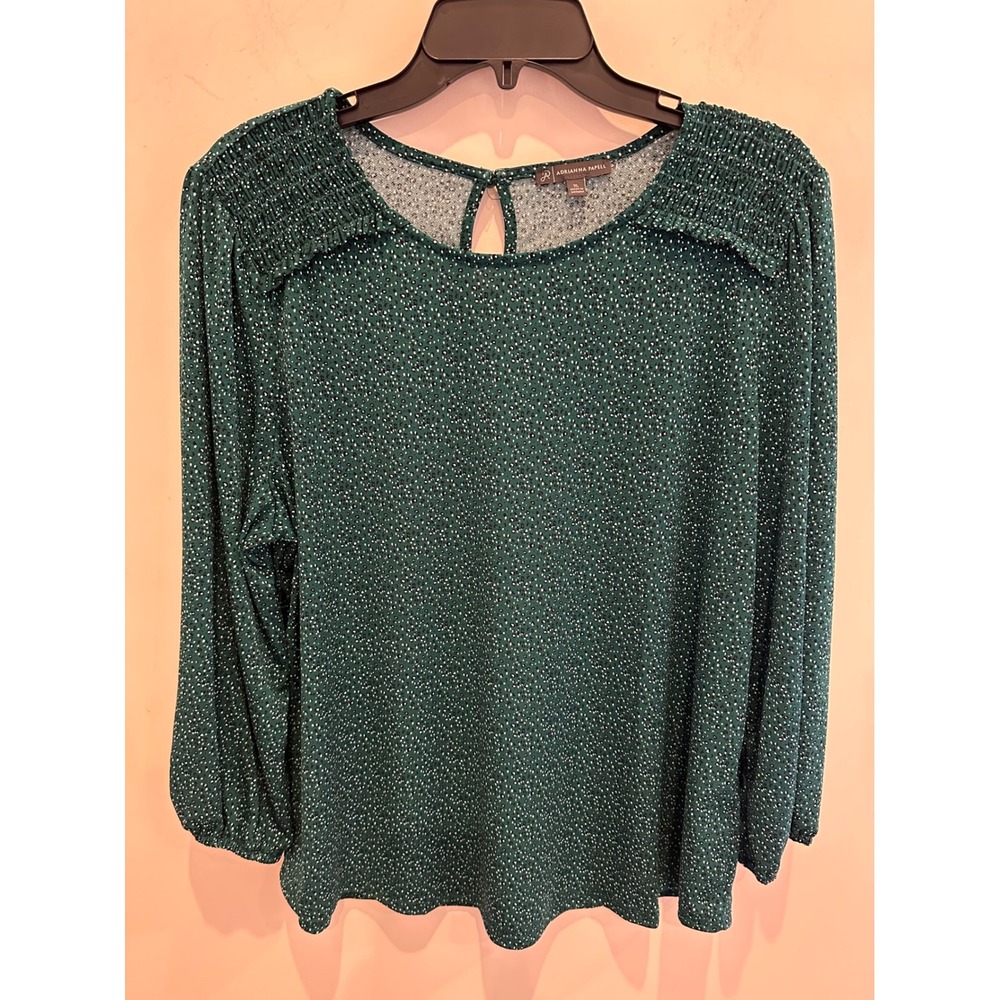Adrianna Papell Green Dotted Smocked Shoulder Long Sleeve Blouse XL stretchy